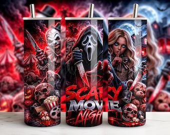 Gruselfilm-Becher-Design (PNG) mit Horror-Icons – Ghostface, Terrifier & M3GAN – Digitaler Download (20 oz) – Sublimationsdesign