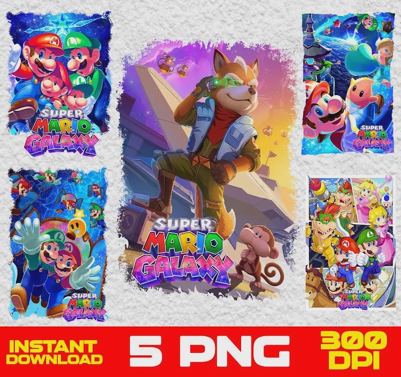 Super Mario Galaxy Png Bundle – 5 High Quality PNG, 300 DPI,Sublimation Design,T-Shirt Print, Instant Download Clipart luigi y mario galaxy imagen 1