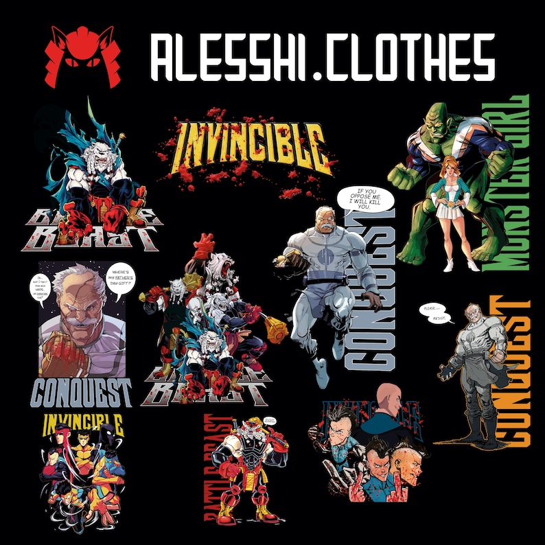 Puede incluir: Gr&aacute;fico negro con personajes de c&oacute;mics y texto. La palabra "INVINCIBLE" est&aacute; en amarillo y rojo. Otros textos incluyen "CONQUEST", "BATTLE BEAST" y "MONSTER GIRL". La marca "ALESSHI.CLOTHES" est&aacute; en la parte superior.