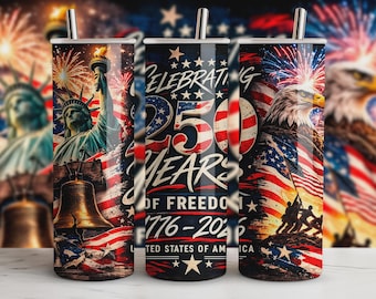 Patriotic 20oz Skinny Tumbler Wrap PNG, 250 Years of Freedom USA Design, 4th of July Tumbler Sublimation Digital Download