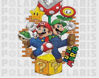 Super Mario & Luigi Retro Game Design PNG – Classic Gamer Cartoon Graphic for T-Shirt, Gaming Fan Art, 300 DPI Sublimation File