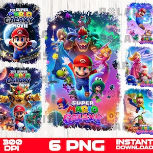 K&ouml;nnte beinhalten: Eine digitale Grafik mit Charakteren aus dem Super Mario Galaxy Film. Das Bild zeigt Mario, Bowser, Prinzessin Peach und andere Charaktere. Der Text "THE SUPER MARIO GALAXY MOVIE" wird angezeigt. Das Bild enth&auml;lt auch den Text "6 PNG" und "INSTANT DOWNLOAD".