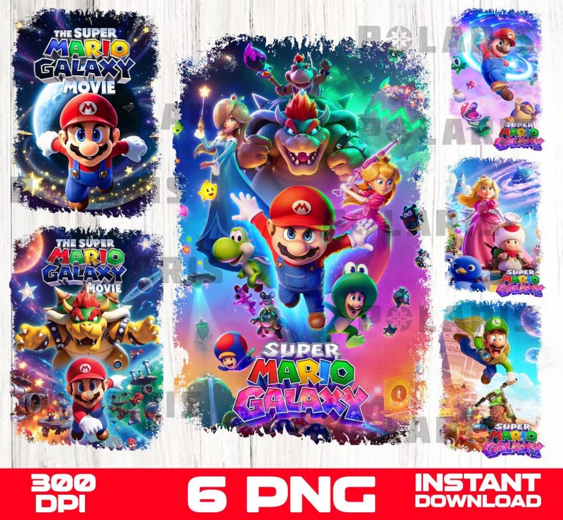 K&ouml;nnte beinhalten: Eine digitale Grafik mit Charakteren aus dem Super Mario Galaxy Film. Das Bild zeigt Mario, Bowser, Prinzessin Peach und andere Charaktere. Der Text "THE SUPER MARIO GALAXY MOVIE" wird angezeigt. Das Bild enth&auml;lt auch den Text "6 PNG" und "INSTANT DOWNLOAD".