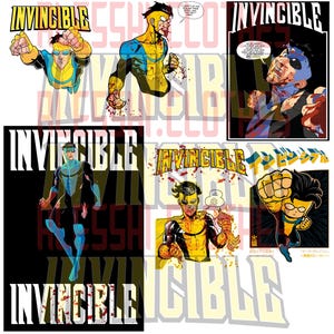 May include: Digital download featuring multiple comic book-style illustrations of the character Invincible. The images showcase the character in action poses, with bold colors and dynamic compositions. Text includes "Invincible" and "High Quality .SVG | Digital Download."