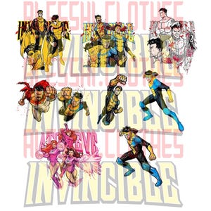 May include: Digital download featuring multiple illustrations of the Invincible comic book characters. The images showcase characters in action poses, with vibrant colors and dynamic compositions. The top of the image has the text "ALESSHI.CLOTHES INVINCIBLE".