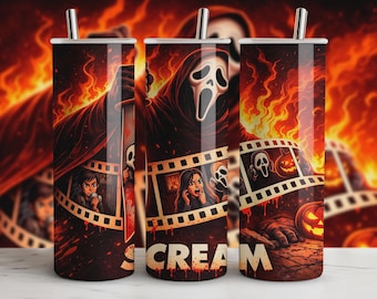 Retro Ghostface PNG Tumbler Wrap - Vintage Horror Movie Design for 20oz Tumbler - 300 DPI Sublimation - Instant Download