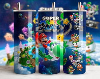 Super Mario Galaxy Tumbler Wrap Bundle 7 PNG 300 DPI, Sublimation Design, 20oz Skinny Tumbler, Instant Download, Space Theme Mario Wrap