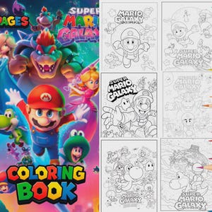 Może przedstawiać: Kolorowanka Super Mario Galaxy z 12 stronami. Okładka przedstawia Mario, Księżniczkę Peach, Bowsera i Yoshiego. Kolorowanki zawierają różne postacie i sceny z gry. Kolorowa obwódka ołówkowa znajduje się po prawej stronie.