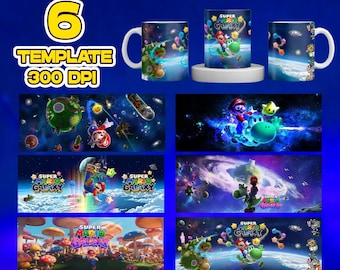 Super Mario Galaxy Mug Wrap Bundle 6 PNG 300 DPI, Sublimation Design, Coffee Cup Wrap, 11oz 15oz Mug Template