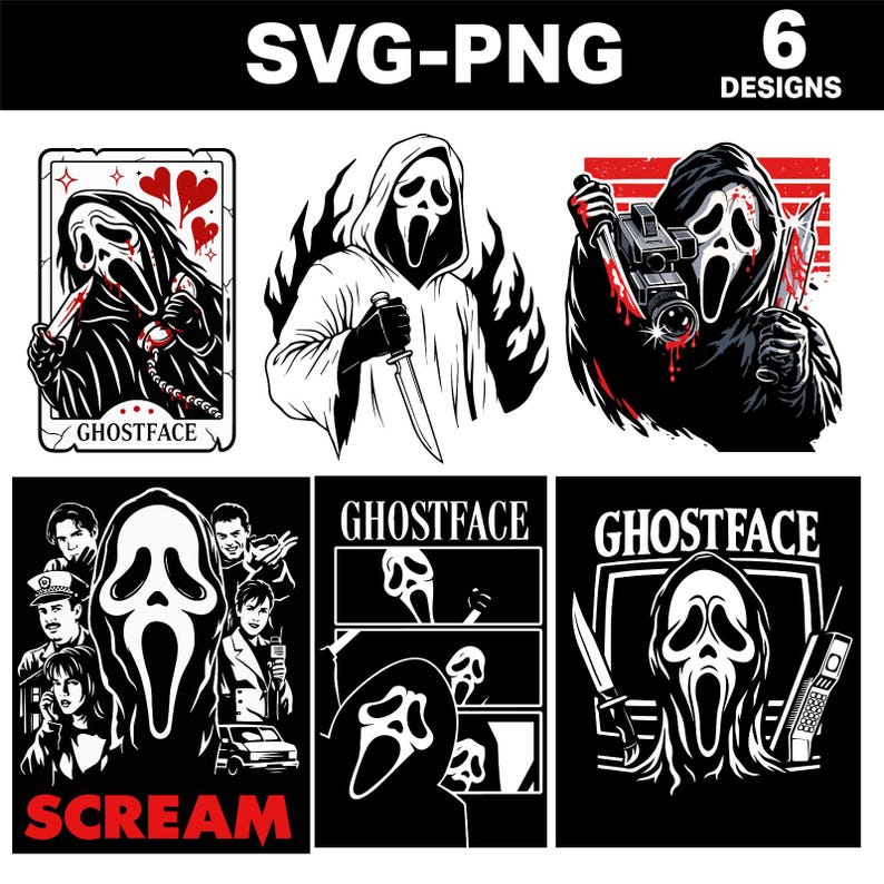 Ghostface SVG Bundle – 6 Horror Designs PNG SVG – Scary Movie Killer Vector for T-Shirt, Sticker, Cricut, Sublimation image 1