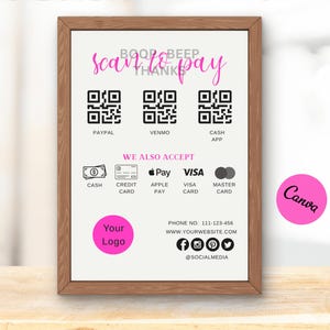 Puede incluir: Un letrero enmarcado con un fondo claro y texto rosa que dice "Scan to pay". Muestra códigos QR para PayPal, Venmo y Cash App, junto con los métodos de pago aceptados: efectivo, tarjeta de crédito, Apple Pay, Visa y Mastercard. Un círculo rosa con "Your Logo" está en la parte inferior.