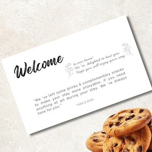 Biglietto di benvenuto Airbnb stampabile, biglietto di benvenuto per gli ospiti in affitto con omaggio, elementi essenziali per gli host Airbnb, modello Canva modificabile