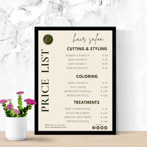 Modelo de lista de preços editável - Folheto de preços para serviços de salão - Lista de preços para manicure - Guia de preços para cabeleireiros - Modelo Canva