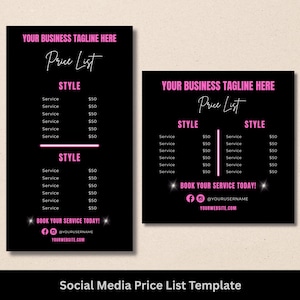 Social Media Pricing List Template, Salon Services Price List Flyer, Hair Pricing Guide sheet, Nail Tech Price Menu, Editable Canva Template