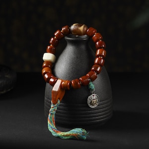 AURA DEER Yak Bone Dzi Bead Bracelet: Tibetan Mala, Spiritual Protection