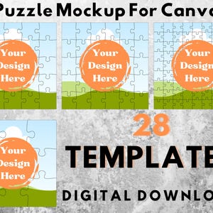 Puede incluir: Una maqueta digital con cuatro diseños de rompecabezas con un fondo de cielo y hierba. Cada rompecabezas tiene un círculo naranja con el texto "Your Design Here". La imagen también incluye el texto "28 TEMPLATES DIGITAL DOWNLOAD."