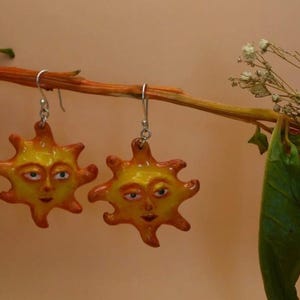 Handmade Clay Sun Face Earrings: Surreal Boho Jewelry