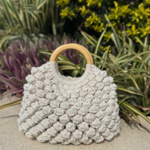 Handmade Macrame Bag: Crochet Handbag with Wooden Handle