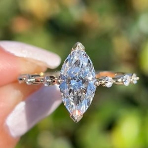 2 CT Marquise Shape Moissanite Engagement Ring, Side Accents Marquise Diamond, V Prong Set,  Hidden Halo, 14k White Gold, Anniversary Gift