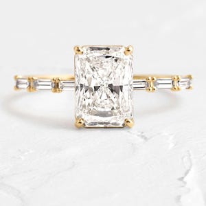 2 CT Radiant Shape Moissanite Engagement Ring, Side Accents Baguette Diamond, Prong Set, 14k Yellow Gold, Straight Shank, Anniversary Gift
