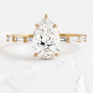 2 CT Pear Shape Moissanite Engagement Ring, Side Accents Baguette Diamond, Prong Set, 14k Yellow Gold, Straight Shank, Anniversary Gift