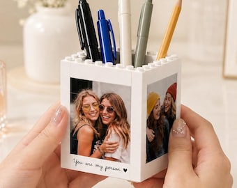 Best Friend Acrylic Building Block Pen Holder, Custom Photo Pencil Cup for BFF Desk Decor, Birthday Christmas Friendship Gift