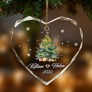 Decorazione natalizia personalizzata per albero di Natale, fiocco di neve in vetro con nomi personalizzati per la coppia, ricordo delle feste, decorazione natalizia con nomi per la coppia immagine 1
