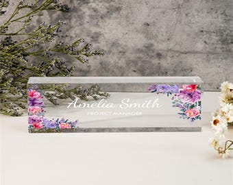 Personalisierte Blumenname Schreibtischplatte, personalisierte Namensschild Plaque für Bürodekoration, klarer Acrylblock, Lehrer neuer Job PHD geheimes Geschenk