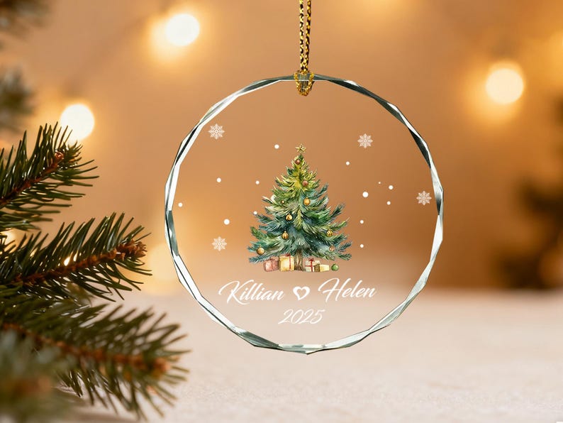 Decorazione natalizia personalizzata per albero di Natale, fiocco di neve in vetro con nomi personalizzati per la coppia, ricordo delle feste, decorazione natalizia con nomi per la coppia immagine 6