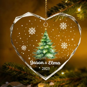 Decorazione natalizia personalizzata per albero di Natale, fiocco di neve in vetro con nomi personalizzati per la coppia, ricordo delle feste, decorazione natalizia con nomi per la coppia immagine 3