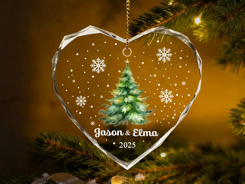 Decorazione natalizia personalizzata per albero di Natale, fiocco di neve in vetro con nomi personalizzati per la coppia, ricordo delle feste, decorazione natalizia con nomi per la coppia immagine 3