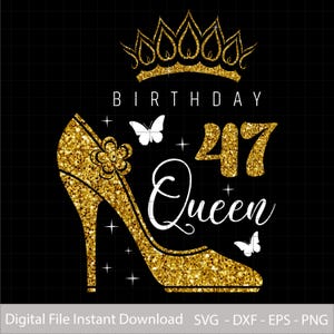 Rainha do Aniversário 47 PNG, Glamour 47º Aniversário PNG, Tiara de 47 Anos e Design de Salto Alto, Download Instantâneo para Sublimação, Camisetas, Canecas