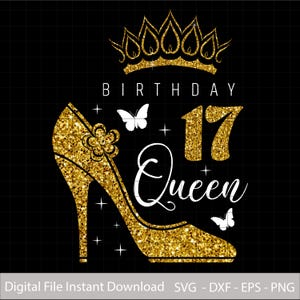 Birthday Queen 17 PNG, Sweet 17 High Heel PNG, Tiara Crown Birthday Design, Digital Download for Shirts, Mugs, Invitations, Sublimation