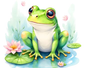 蓮の葉の上のカエルのPNGクリップアート、自然のDIYクラフト用の蓮の花