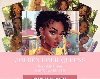 Golden Hour Queens | Radiant Black Women Portrait Printables | Junk Journal Digital Kit | Urban Afrocentric Ephemera