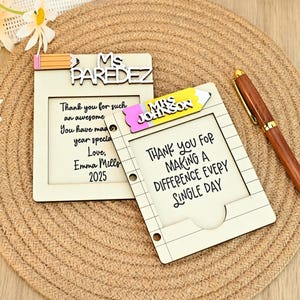May include: Two wooden teacher appreciation gifts. One reads "Ms. Paredez" and "Thank you for such an awesome year." The other says "Mrs. Johnson" and "Thank you for making a difference every single day."