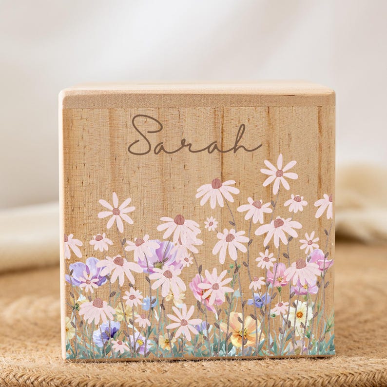 Money Box Personalized Kids Name, Gift for Nephew & Baby Girls, Coin Bank Wooden, Piggy Bank with Flowers Child, Baptism Gifts, Savings Bank image 1