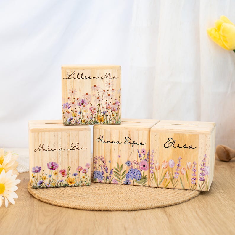 Money Box Personalized Kids Name, Gift for Nephew & Baby Girls, Coin Bank Wooden, Piggy Bank with Flowers Child, Baptism Gifts, Savings Bank image 2