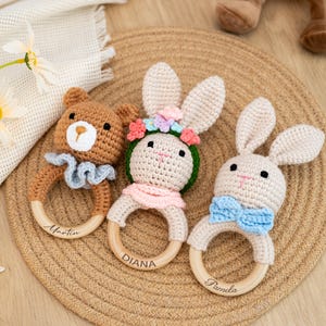 Baby Rattle Toy,Personalized Wooden Rattle Ring,Animal Crochet Baby Rattles,Crochet Baby Rattles,Baby Rattle Grasping Toys,Baby Shower Gifts
