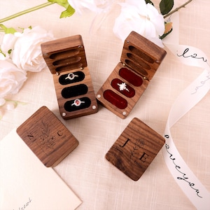 Caja de madera con triple apertura para anillos, caja personalizada para anillos de boda, caja para anillos de compromiso, caja para anillos con 3 ranuras, caja para anillos de aniversario y de propuesta.