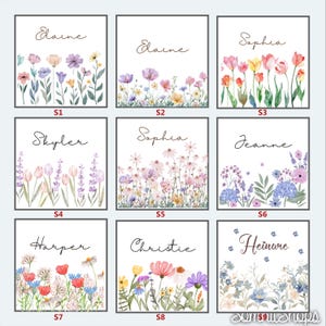 May include: Nine printable digital art prints featuring watercolor floral designs with names written in cursive at the top of each print. The names are: Daine, Skyler, Harper, Sophia, Jeanne, Christie, and Heinare.