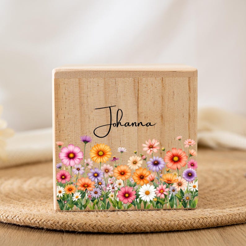 Money Box Personalized Kids Name, Gift for Nephew & Baby Girls, Coin Bank Wooden, Piggy Bank with Flowers Child, Baptism Gifts, Savings Bank image 4