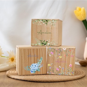 Hucha personalizada para niños con nombre, hucha de madera personalizada con flores silvestres, regalos para baby shower, regalo de cumpleaños para niñas, decoración de guardería
