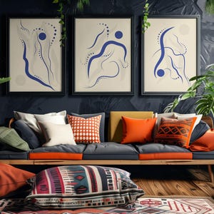 Contemporary Abstract Art Print, Minimalist Art Print, Modern Abstract Digital Print Set, Orange & Blue, 3-Piece Wall Art, Instant Download