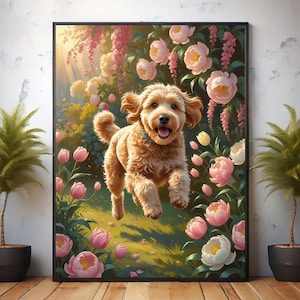 Labradoodle and Flowers Printable Wall Art Dog Art for Rustic or Cottagecore Decor Labradoodle Pet Dog Lover Gift Digital Download