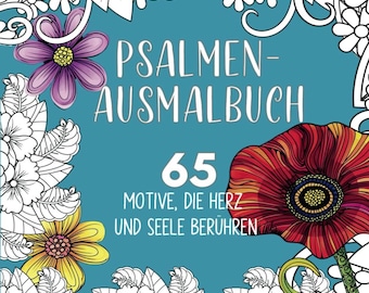 Puede incluir: Portada de un libro para colorear con el título "PSALMEN-AUSMALBUCH" y el número "65" en blanco. La portada presenta un fondo turquesa con ilustraciones florales en morado, amarillo y rojo. También se ve el texto "MOTIVE, DIE HERZ UND SEELE BERÜHREN".