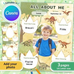 以下が含まれることがあります： 恐竜をテーマにした「All About Me」の印刷可能なテンプレート。写真、名前、誕生日、好きな食べ物、アクティビティなどのスペースがあります。「Canvaで編集可能」と「3ページUSレターサイズ」のテキストが含まれています。