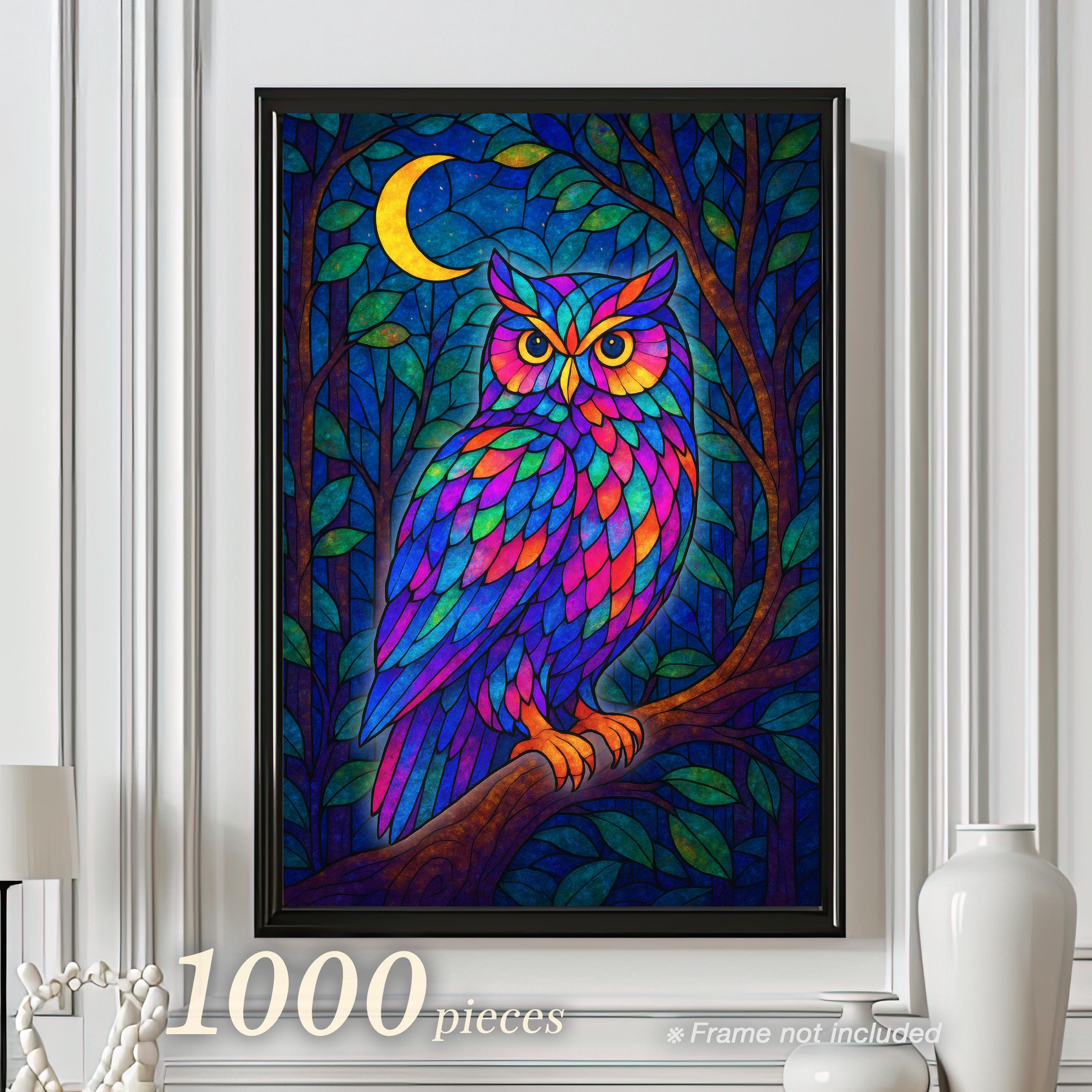 Stained Glass Owl Puzzle - 1000 Piece Jigsaw with Vibrant Colors and Moonlit Forest Art