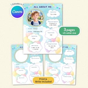 Editable & Printable All About Me Worksheet for Kids | Clouds and Balloons | Canva Template | US Letter | Preschool Kindergarten