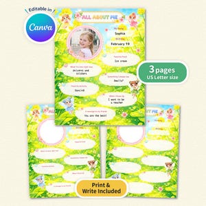 以下が含まれることがあります： 3枚の印刷可能な「All About Me」ページセット。気まぐれな妖精をテーマにしています。ページには、個人情報、好きなもの、写真のプロンプトが含まれています。デザインは、緑と黄色のフローラルな背景が特徴です。